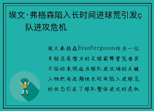 埃文·弗格森陷入长时间进球荒引发球队进攻危机