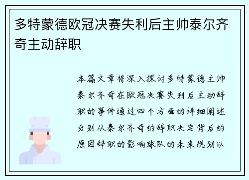 多特蒙德欧冠决赛失利后主帅泰尔齐奇主动辞职