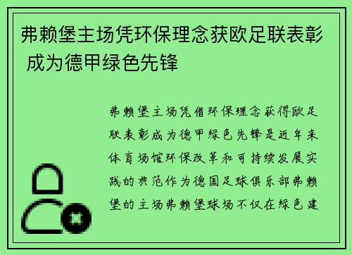 弗赖堡主场凭环保理念获欧足联表彰 成为德甲绿色先锋