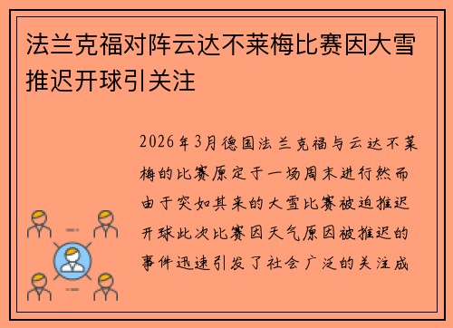 法兰克福对阵云达不莱梅比赛因大雪推迟开球引关注