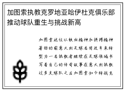 加图索执教克罗地亚哈伊杜克俱乐部推动球队重生与挑战新高
