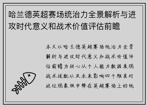哈兰德英超赛场统治力全景解析与进攻时代意义和战术价值评估前瞻